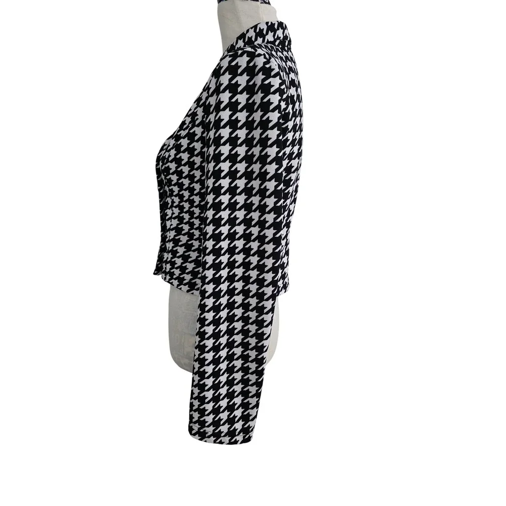 SHEIN Womens Black White Houndstooth Cropped DoubleBreasted Blazer Jacket Medium